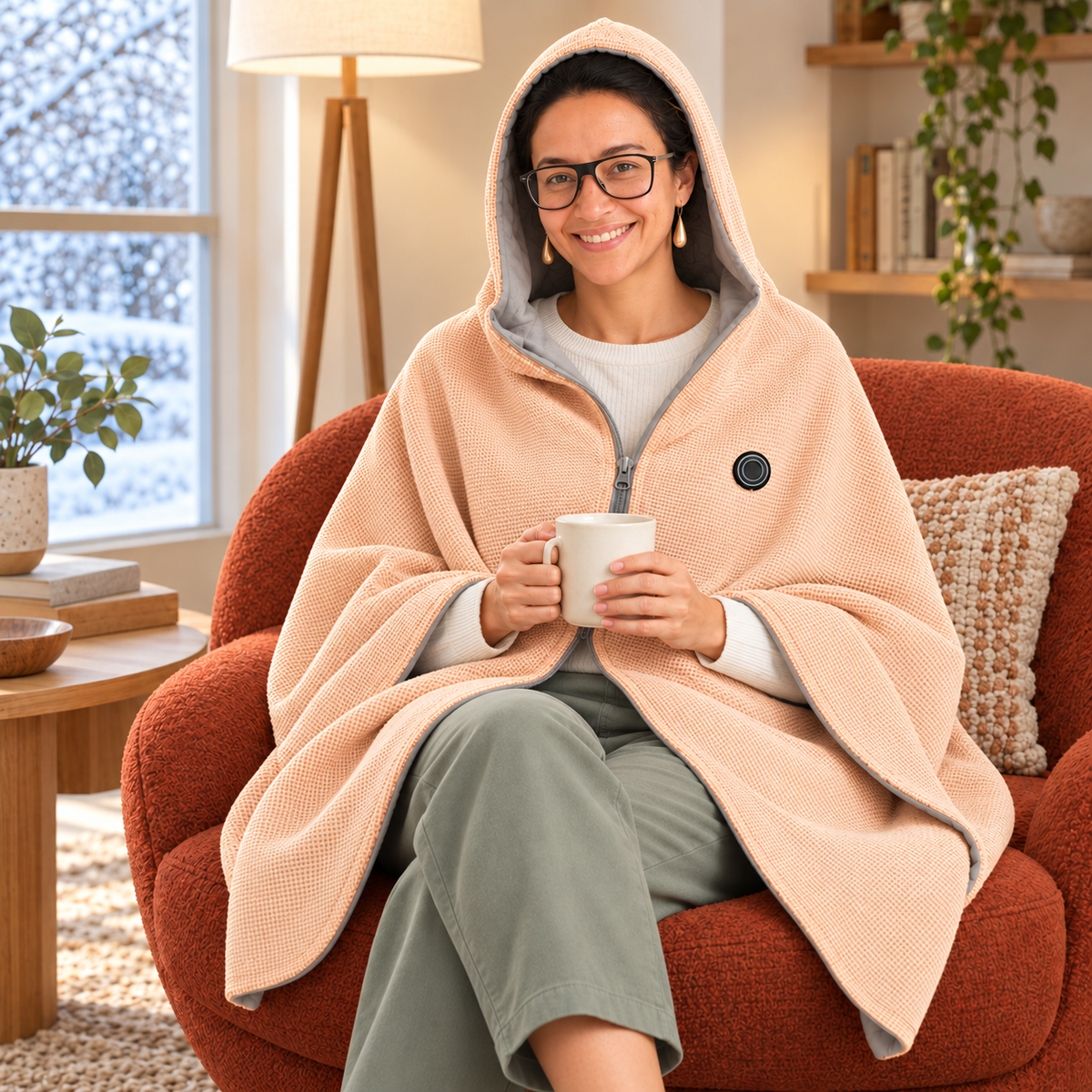 Mujer sentada en un sillón con taza y la capa calefactable NELUVORA