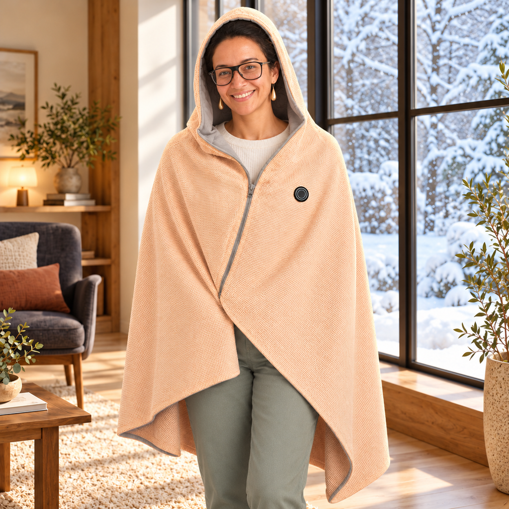 Capa calefactable NELUVORA albaricoque con capucha puesta, en casa junto a la ventana