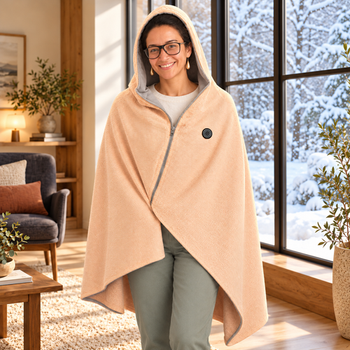 Capa calefactable NELUVORA albaricoque con capucha puesta, en casa junto a la ventana