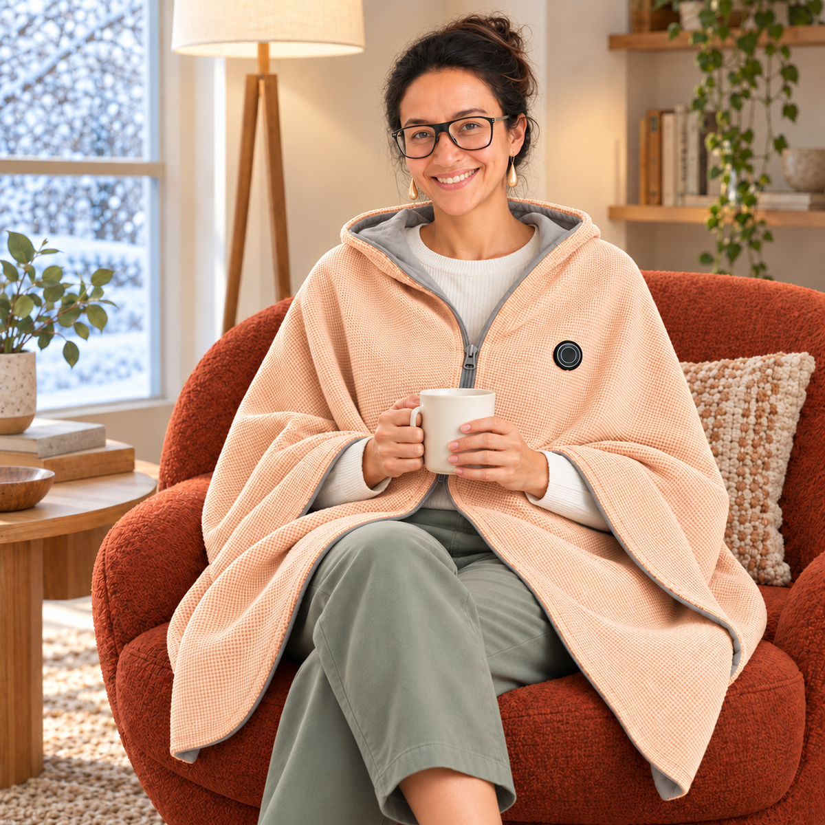 Capa calefactable NELUVORA con la capucha bajada, en el sillón con taza